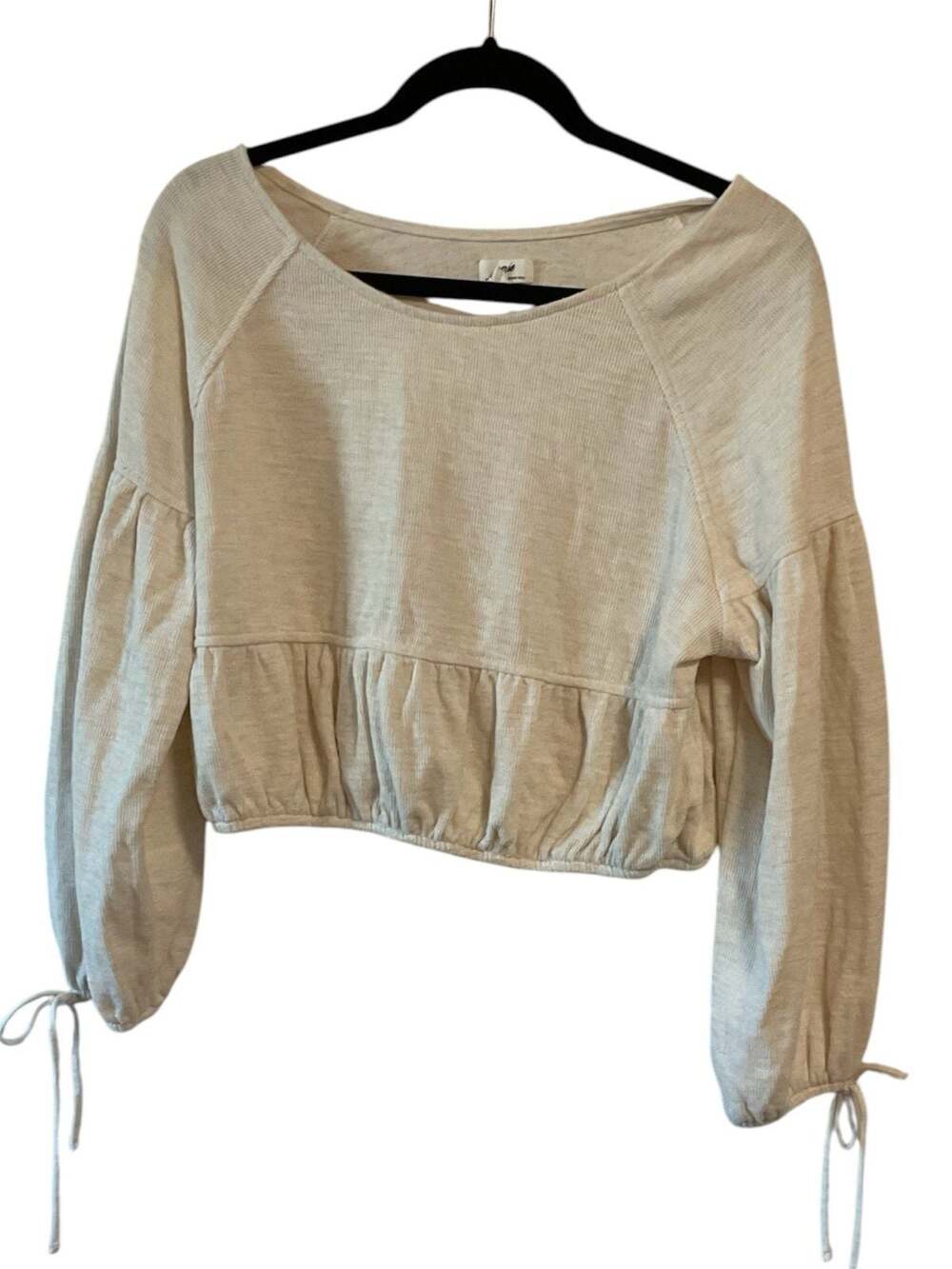 aerie Endless Summer Cream Peplum Cropped Sweatshirt Lantern Sleeve Tie Cuff XS